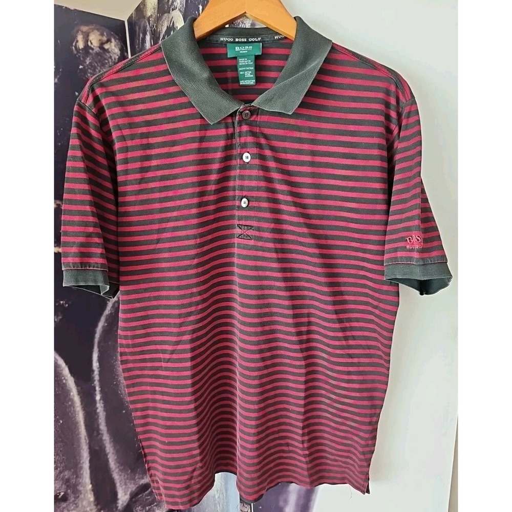 BOSS‎ HUGO BOSS Golf Short Sleeve Collared Red Gray Striped Polo Shirt M Italy